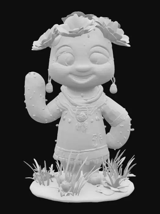 3D model for [Utah], a cartoonish cactus character with blooming flowers, wearing traditional native navajo clothing, textiles, and beads, #AroundTheWorld#