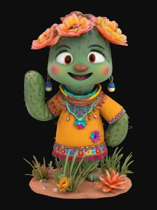 3D model for [Utah], a cartoonish cactus character with blooming flowers, wearing traditional native navajo clothing, textiles, and beads, #AroundTheWorld#