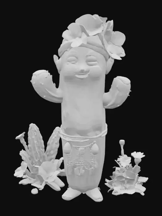 3D model for [Utah], a cartoonish cactus character with blooming flowers, wearing traditional native navajo clothing, textiles, and beads, #AroundTheWorld#