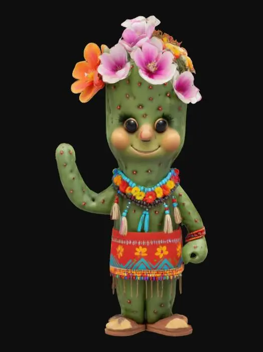 3D model for [Utah], a cartoonish cactus character with blooming flowers, wearing traditional native navajo clothing, textiles, and beads, #AroundTheWorld#