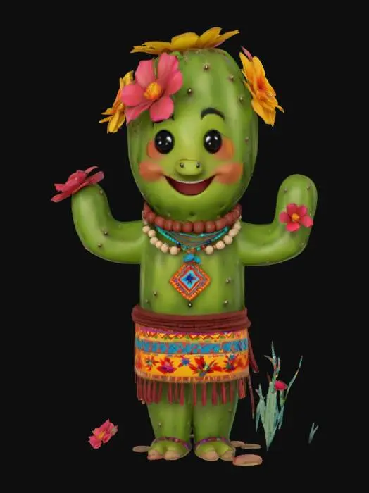 3D model for [Utah], a cartoonish cactus character with blooming flowers, wearing traditional native navajo clothing, textiles, and beads, #AroundTheWorld#