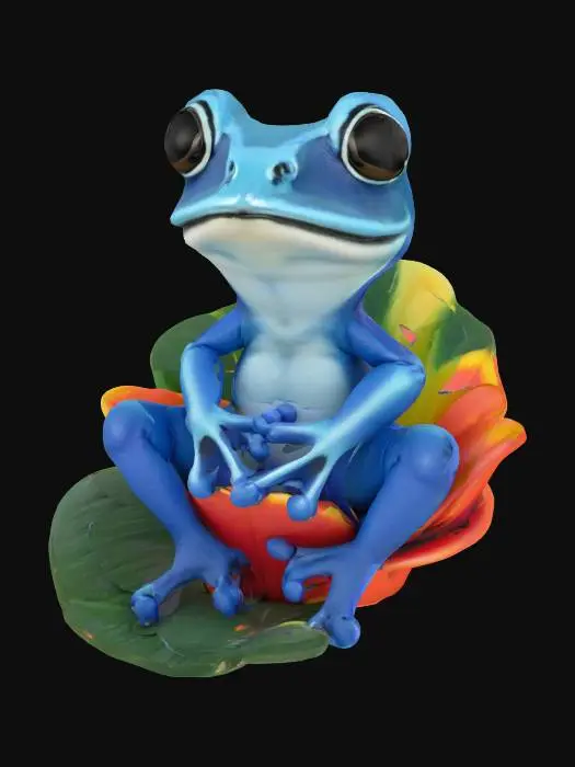 3D model for [Columbia] a blue cartoonish poison dart frog sitting in a Heliconia flower chair, #AroundTheWorld#