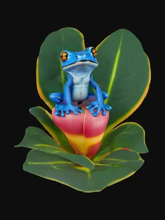 3D model for [Columbia] a blue cartoonish poison dart frog sitting in a Heliconia flower chair, #AroundTheWorld#
