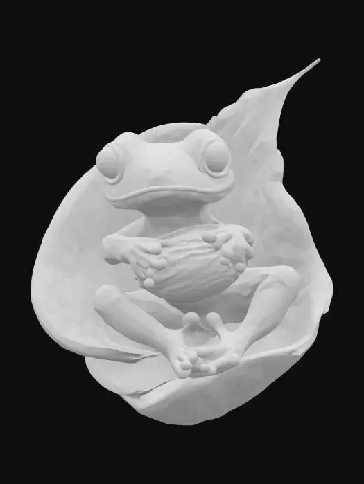 3D model for [Columbia] a blue cartoonish poison dart frog sitting in a Heliconia flower chair and weaving a colorful columbian basket, #AroundTheWorld#