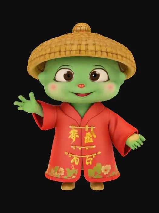 3D model for [China] a cartoonish bamboo shoot character wearing traditional chinese attire, #AroundTheWorld#