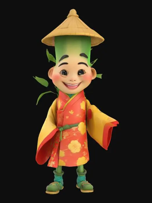 3D model for [China] a cartoonish bamboo shoot character wearing traditional chinese attire, #AroundTheWorld#