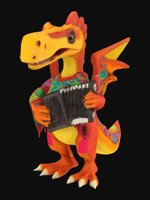 3D model for [Mexico] a colorful, cute, cartoonish pterodactyl dinosaur, wearing a Mexican poncho textured with vibrant mexican patterns, and equipped with an accordian, #AroundTheWorld#