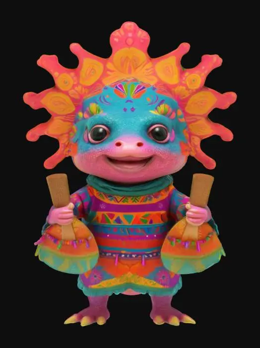 3D model for [Mexico] a colorful, cartoonish mexican axolotl, textured with vibrant mexican patterns, wearing a poncho, and equipped with maracas, #AroundTheWorld#