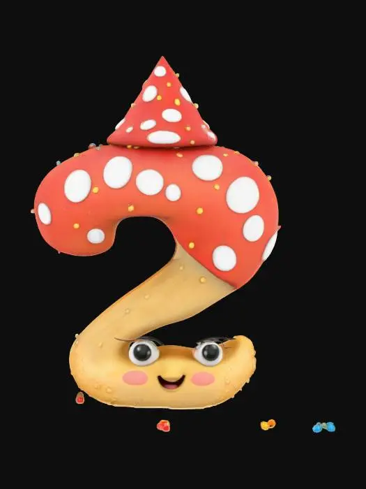 3D model for a birthday-themed cartoon mushroom in the shape of the number two