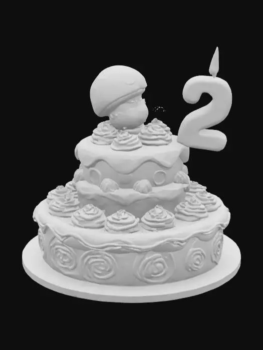 3D model for a layered cartoon birthday cake with a large cartoon mushroom cake topper and a large number two candle