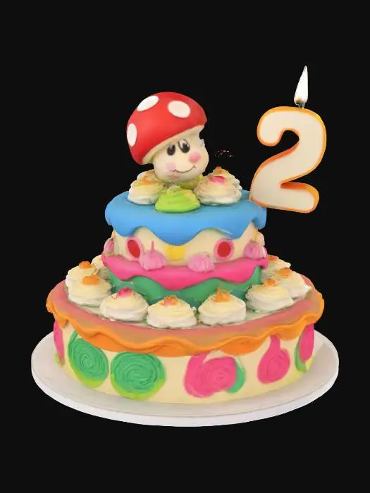 3D model for a layered cartoon birthday cake with a large cartoon mushroom cake topper and a large number two candle