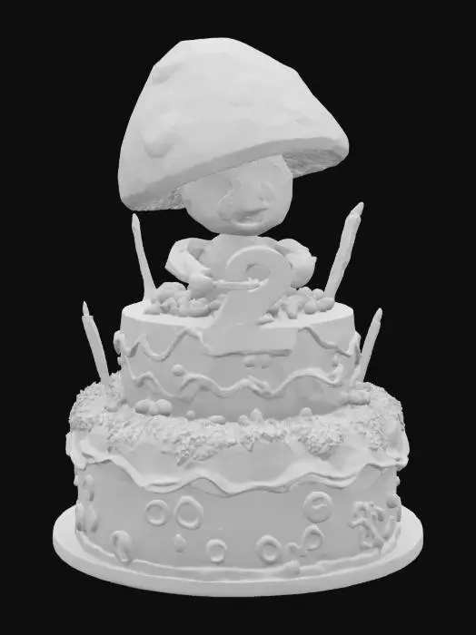 3D model for a large cartoon mushroom cake topper holding a large number two candle on top of a layered cartoon birthday cake