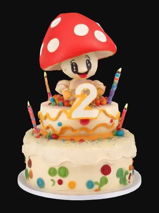 3D model for a large cartoon mushroom cake topper holding a large number two candle on top of a layered cartoon birthday cake