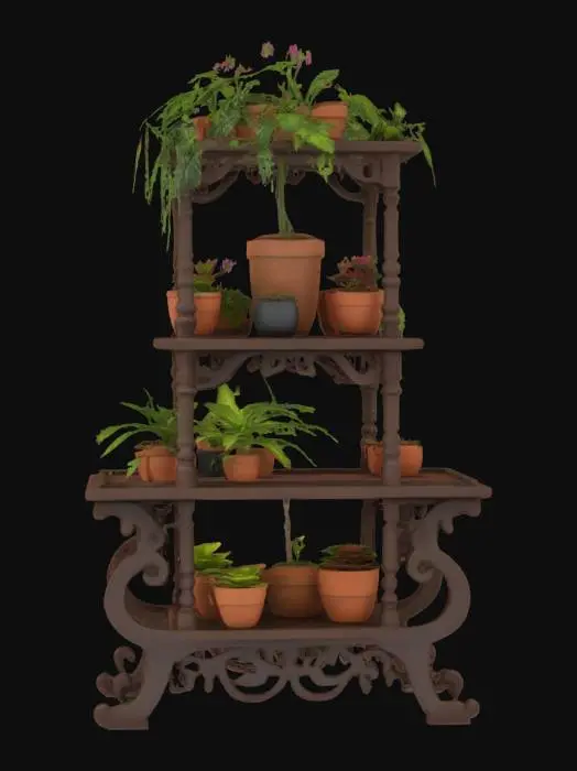 3D model for an ultra realistic, highly detailed tiered plant stand filled with potted plants
