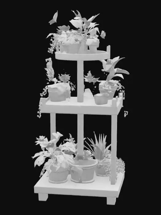 3D model for an ultra realistic, highly detailed tiered plant stand filled with potted plants