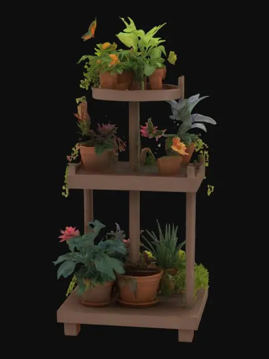 3D model for an ultra realistic, highly detailed tiered plant stand filled with potted plants