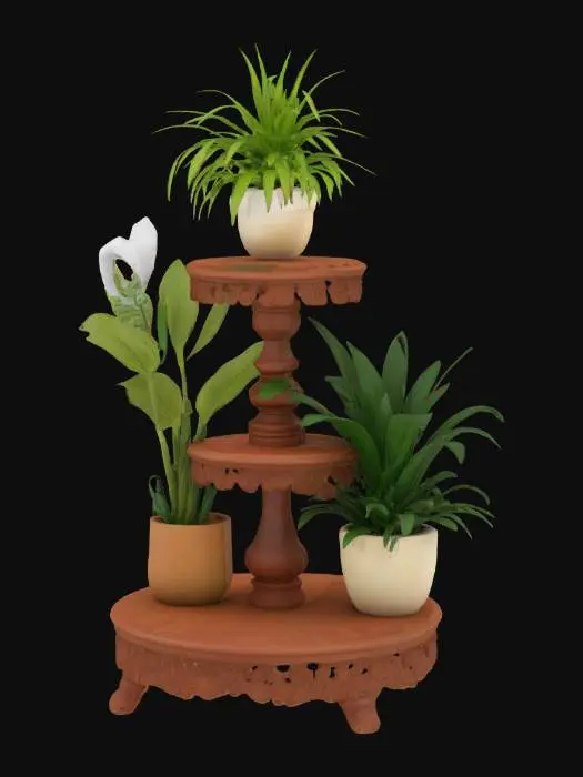 3D model for an ultra realistic, highly detailed tiered plant stand filled with potted plants