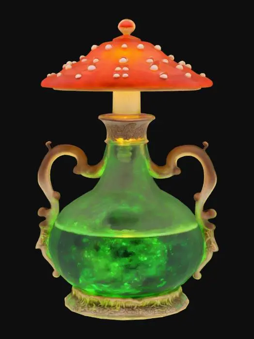 3D model for an elaborate mushroom-shaped potion bottle half-filled with glowing potion