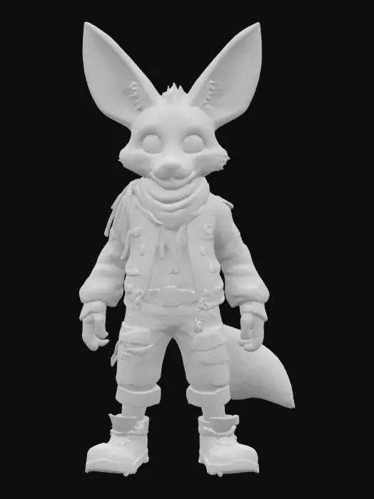 3D model for a rugged post-apocalyptic fennec fox character, slightly cyberpunk