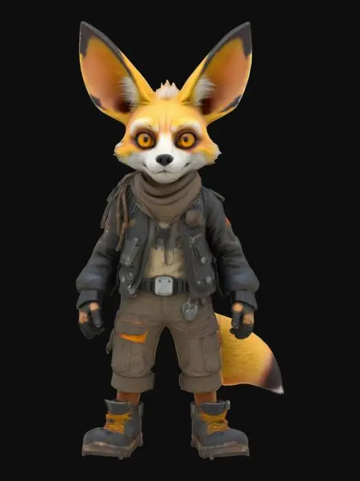 3D model for a rugged post-apocalyptic fennec fox character, slightly cyberpunk