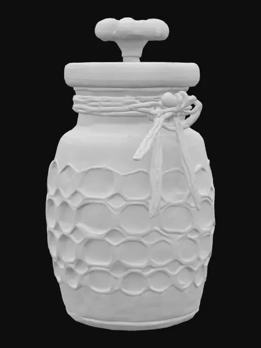 3D model for a vial with an elaborate metal honeycomb pattern wrap and a wrapping clover flower cork, containing glowing and glittering magic honey, Highly Detailed, Ultra Realistic