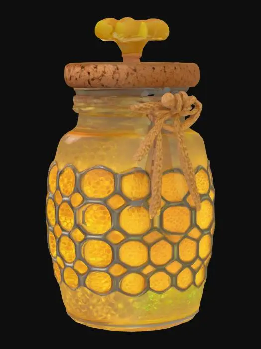 3D model for a vial with an elaborate metal honeycomb pattern wrap and a wrapping clover flower cork, containing glowing and glittering magic honey, Highly Detailed, Ultra Realistic