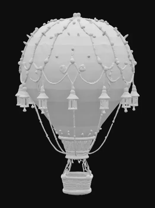 3D model for a haunted hot air balloon with chains and antique lanterns, highly detailed, ultra realistic