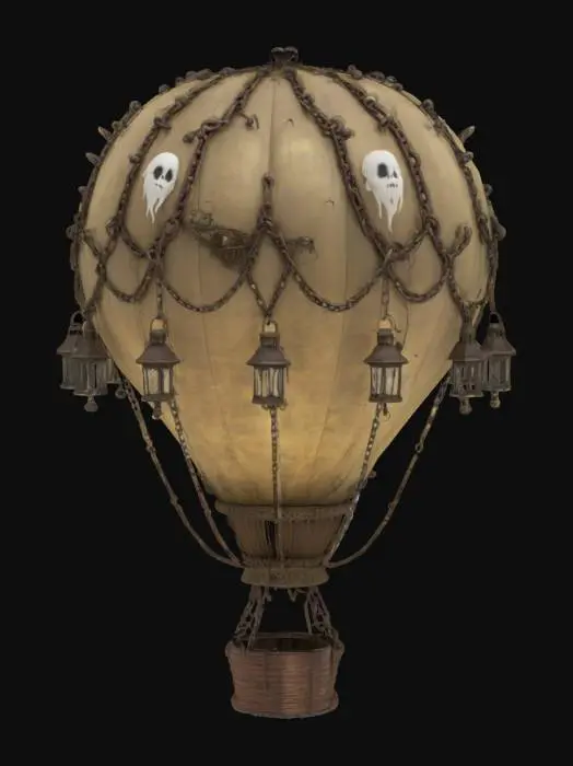 3D model for a haunted hot air balloon with chains and antique lanterns, highly detailed, ultra realistic