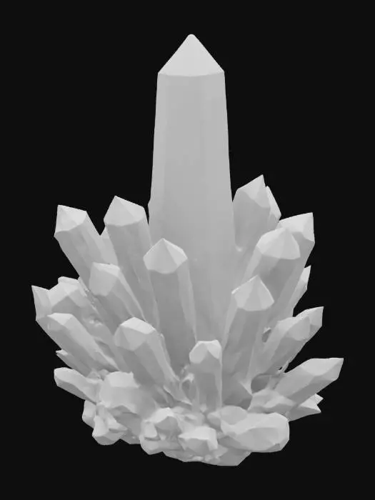 3D model for a cluster of prism-shaped crystals, displaying a smooth texture and a vibrant gradient of rainbow colors