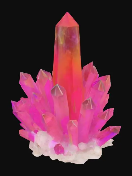 3D model for a cluster of prism-shaped crystals, displaying a smooth texture and a vibrant gradient of rainbow colors