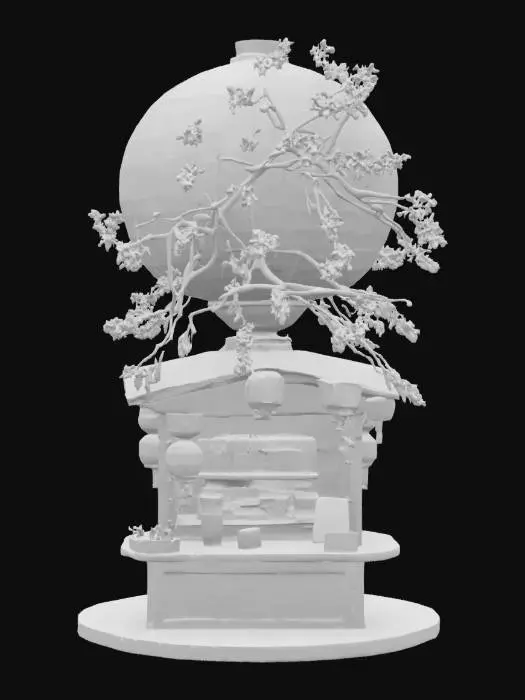 3D model for a giant glowing paper lantern converted into a noodle stand, adorned with draping blue wisteria and blooming sakura branches, featuring a beautiful koi pond with a stone path that travels through the middle of it up to the order counter