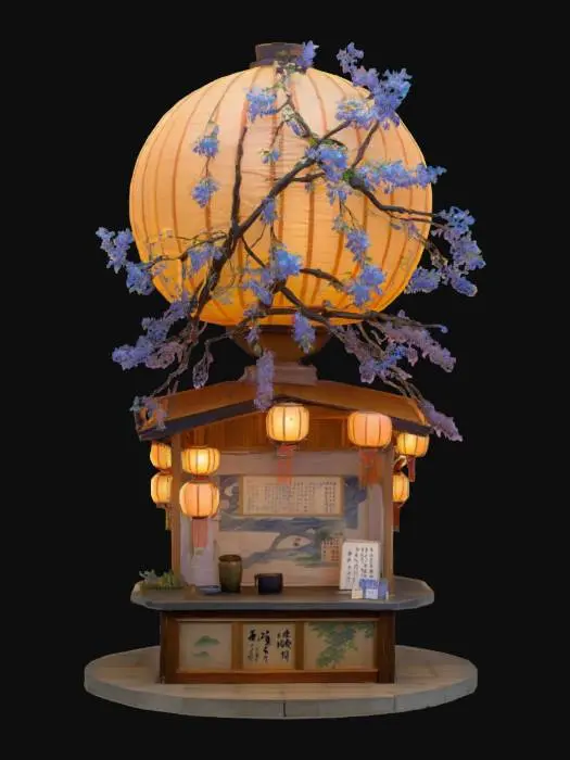 3D model for a giant glowing paper lantern converted into a noodle stand, adorned with draping blue wisteria and blooming sakura branches, featuring a beautiful koi pond with a stone path that travels through the middle of it up to the order counter