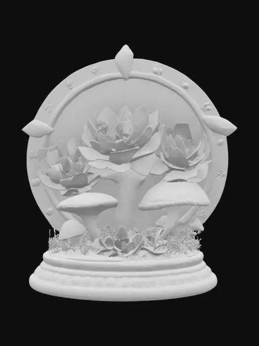 3D model for a detailed stylized shield decorated with bioluminescent succulents and mushrooms with pops of accent colors, hanging on a decorated stand, #emblem#