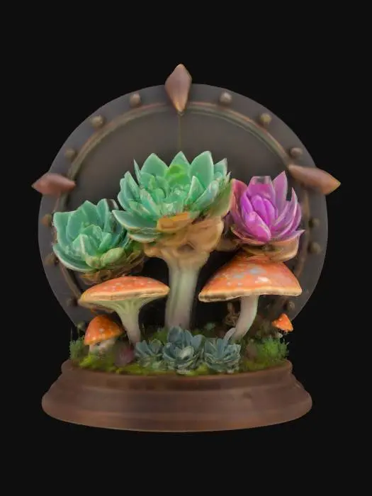 3D model for a detailed stylized shield decorated with bioluminescent succulents and mushrooms with pops of accent colors, hanging on a decorated stand, #emblem#