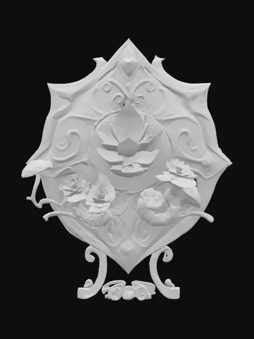 3D model for a detailed stylized shield decorated with bioluminescent succulents and mushrooms with pops of accent colors, hanging on a decorated stand, #emblem#