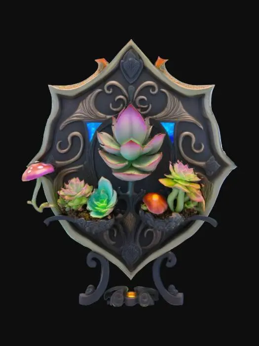 3D model for a detailed stylized shield decorated with bioluminescent succulents and mushrooms with pops of accent colors, hanging on a decorated stand, #emblem#