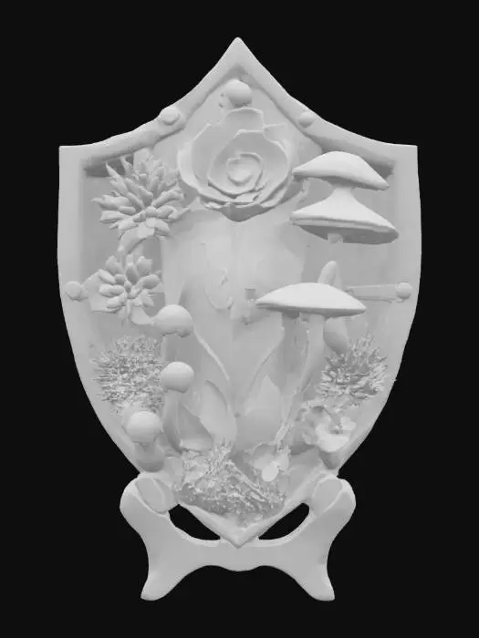 3D model for a detailed stylized shield decorated with bioluminescent succulents and mushrooms with pops of accent colors, hanging on a decorated stand, #emblem#