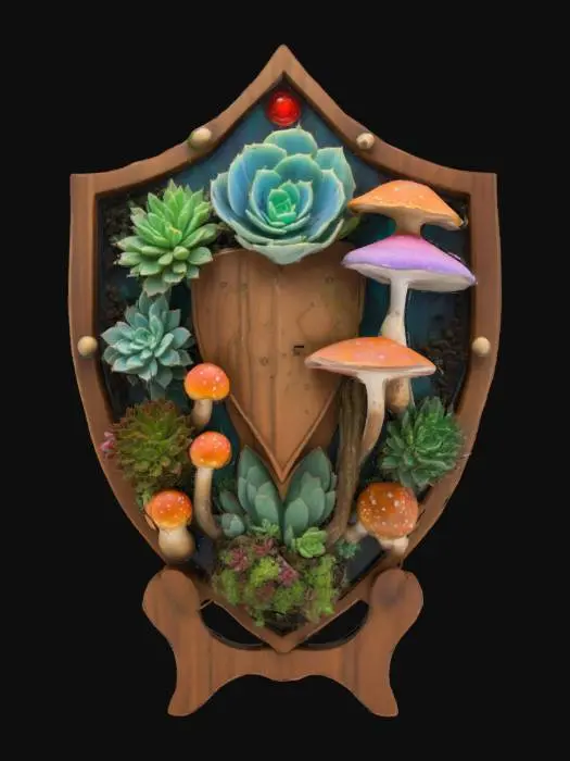3D model for a detailed stylized shield decorated with bioluminescent succulents and mushrooms with pops of accent colors, hanging on a decorated stand, #emblem#