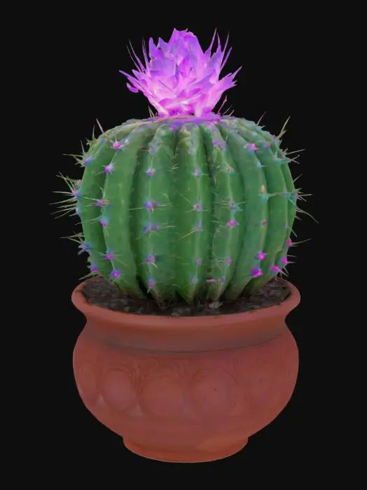 3D model for a beautiful potted house cactus with glowing bioluminescent blooms