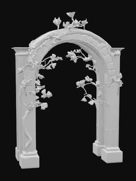 3D model for A stylized sakura archway, sculpted from a smooth, polished material resembling white marble, with intricate carvings depicting flowing tree branches. Recessed sections are filled with meticulously crafted, individual sakura blossoms made of translucent, pale pink resin, allowing light to pass through. The smooth, cool stone surface contrasts with the delicate, slightly textured petals, creating a refined and elegant appearance. Its form is perfectly symmetrical., #arch#
