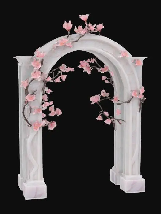 3D model for A stylized sakura archway, sculpted from a smooth, polished material resembling white marble, with intricate carvings depicting flowing tree branches. Recessed sections are filled with meticulously crafted, individual sakura blossoms made of translucent, pale pink resin, allowing light to pass through. The smooth, cool stone surface contrasts with the delicate, slightly textured petals, creating a refined and elegant appearance. Its form is perfectly symmetrical., #arch#