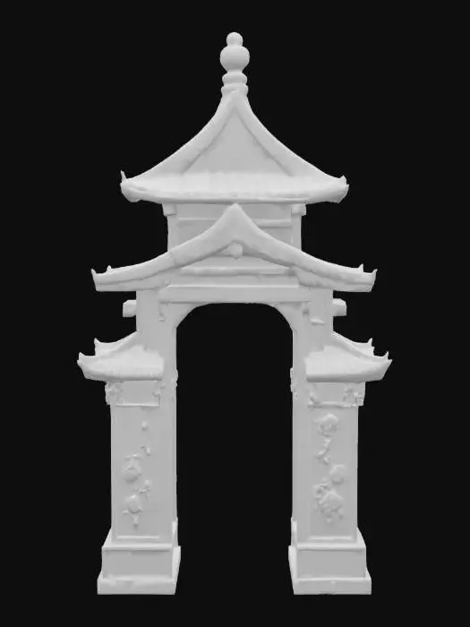 3D model for A fantastical, multi-layered Japanese archway, resembling a miniature pagoda, with multiple curved, tiled roofs ascending to a pointed apex. Each tier is crafted from highly polished, deep indigo lacquered wood, adorned with delicate, hand-painted cherry blossom and cloud patterns in gold and silver. The surface is slick and cool, feeling impossibly smooth, creating a dreamlike, intricate, and vibrant passage., #arch#