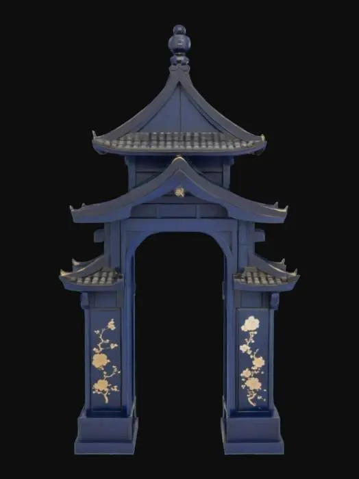 3D model for A fantastical, multi-layered Japanese archway, resembling a miniature pagoda, with multiple curved, tiled roofs ascending to a pointed apex. Each tier is crafted from highly polished, deep indigo lacquered wood, adorned with delicate, hand-painted cherry blossom and cloud patterns in gold and silver. The surface is slick and cool, feeling impossibly smooth, creating a dreamlike, intricate, and vibrant passage., #arch#