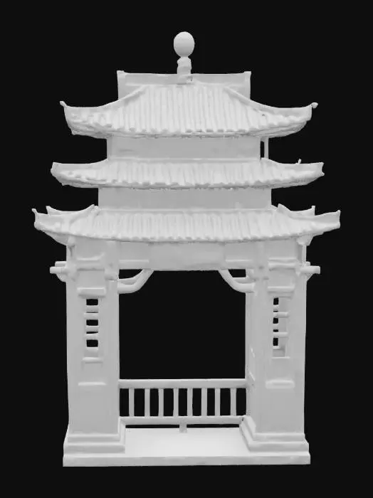3D model for A fantastical, multi-layered Japanese archway, resembling a miniature pagoda, with multiple curved, tiled roofs ascending to a pointed apex. Each tier is crafted from highly polished, deep indigo lacquered wood, adorned with delicate, hand-painted cherry blossom and cloud patterns in gold and silver. The surface is slick and cool, feeling impossibly smooth, creating a dreamlike, intricate, and vibrant passage., #arch#