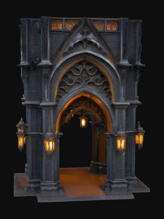 3D model for A grand, gothic archway sculpted from dark, weathered grey stone, its facade intricately carved with detailed gargoyles and elaborate tracery patterns. Suspended from its inner curve by heavy iron chains are multiple antique wrought-iron lanterns, their glass panes dulled with age, emitting a flickering, warm amber light. The stone feels rough and cool, while the metal is cold and slightly textured, creating an imposing and historically rich passage., #arch#