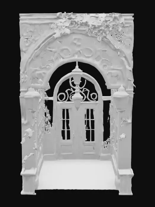 3D model for A majestic, ornate archway resembling a Victorian conservatory entrance, constructed from dark green, intricate cast iron latticework and clear glass panels. Cascading vines with small, glossy leaves interweave through the ironwork. Integrated into its structure are elegant gaslight-style lanterns with fluted glass shades, casting a warm, steady glow. The iron feels cool and textured, while the glass is smooth, creating a sophisticated and inviting passage., #arch#