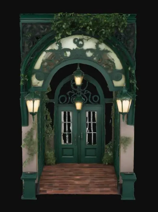 3D model for A majestic, ornate archway resembling a Victorian conservatory entrance, constructed from dark green, intricate cast iron latticework and clear glass panels. Cascading vines with small, glossy leaves interweave through the ironwork. Integrated into its structure are elegant gaslight-style lanterns with fluted glass shades, casting a warm, steady glow. The iron feels cool and textured, while the glass is smooth, creating a sophisticated and inviting passage., #arch#
