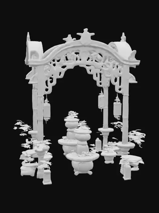 3D model for an elaborate wooden garden archway with tiered flower planters going up each side of the arch and glowing lanterns, #arch#