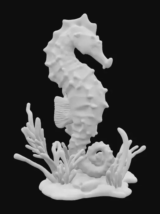 3D model for a vibrant bioluminescent seahorse among glowing bioluminescent seaweed, ultra realistic, highly detailed, #ocean#