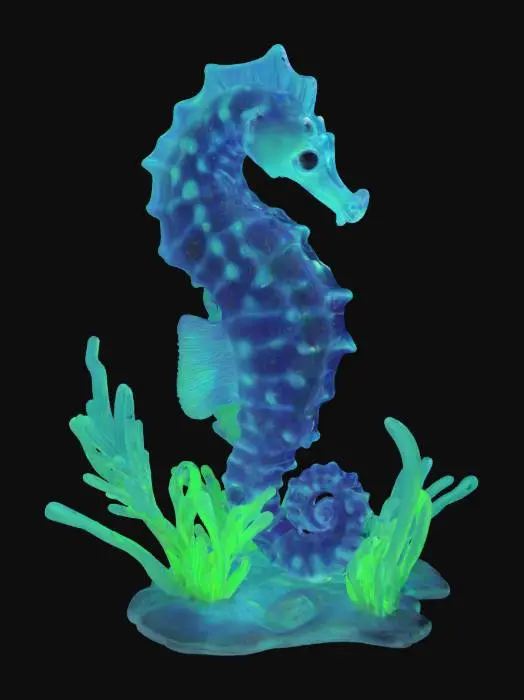 3D model for a vibrant bioluminescent seahorse among glowing bioluminescent seaweed, ultra realistic, highly detailed, #ocean#